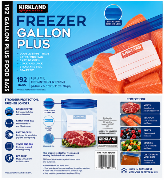 Kirkland Signature Gallon Plus Freezer Bags, 192-Count