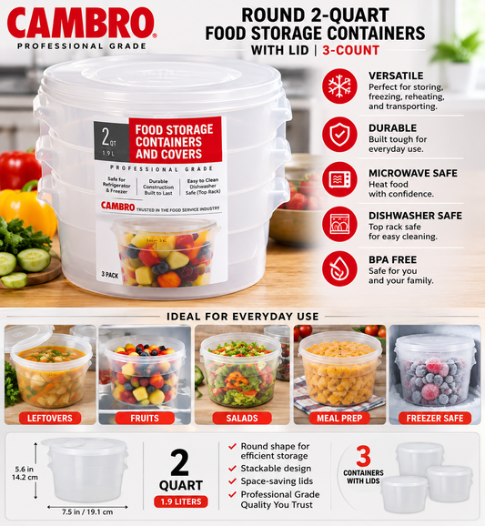Cambro Round 2-Quart Food Storage Container with Lid, 3-Count