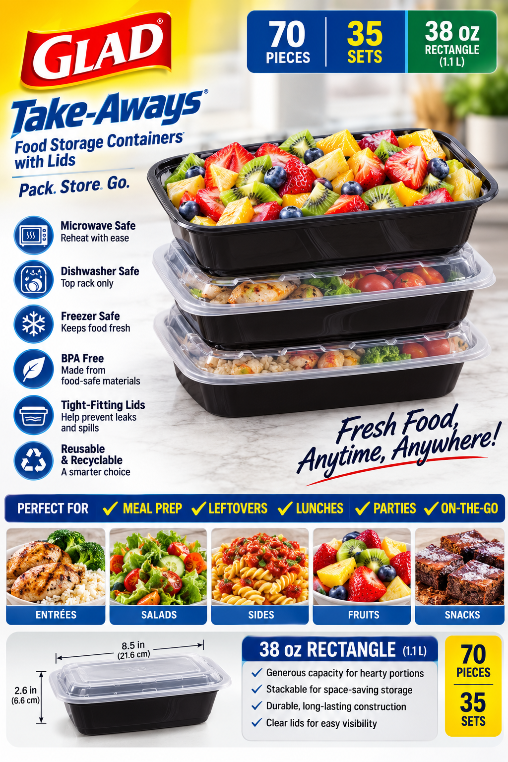Glad Take-Aways Food Storage Containers with Lids, 38 oz Rectangle, 35-Sets