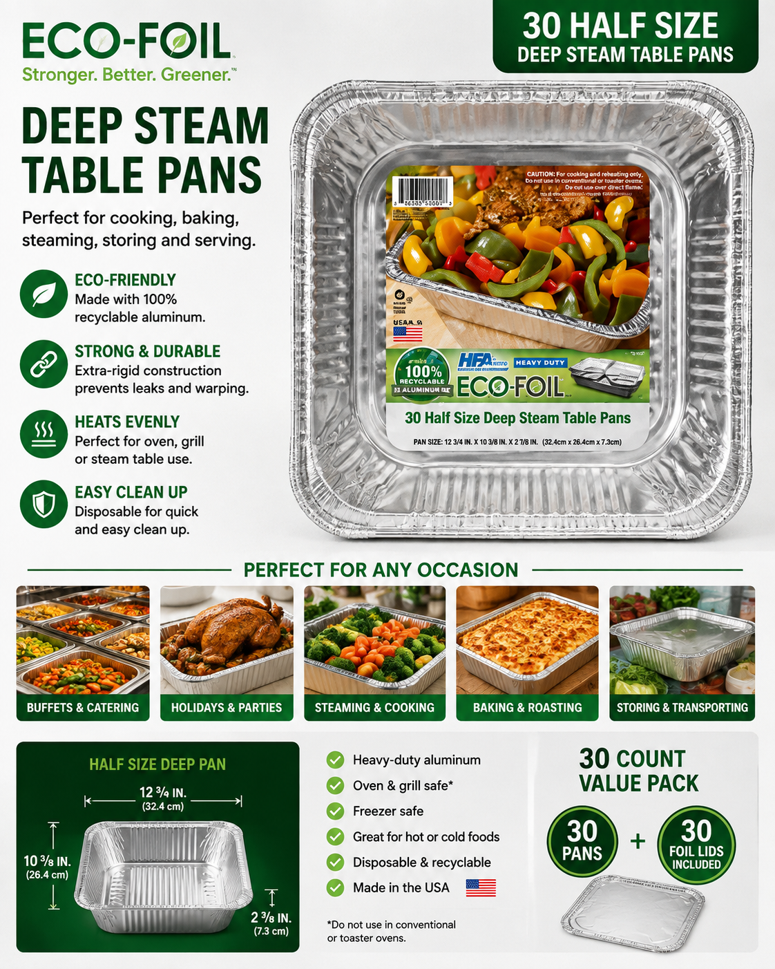 Eco-Foil Half Size Deep Steam Table Pan, 30-Count