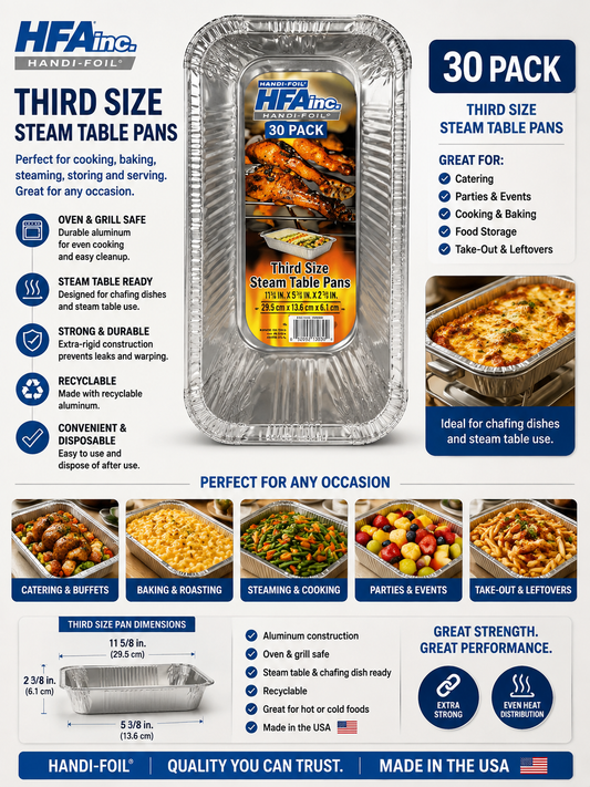 HFA Third Size Steam Table Pans, 30-Count