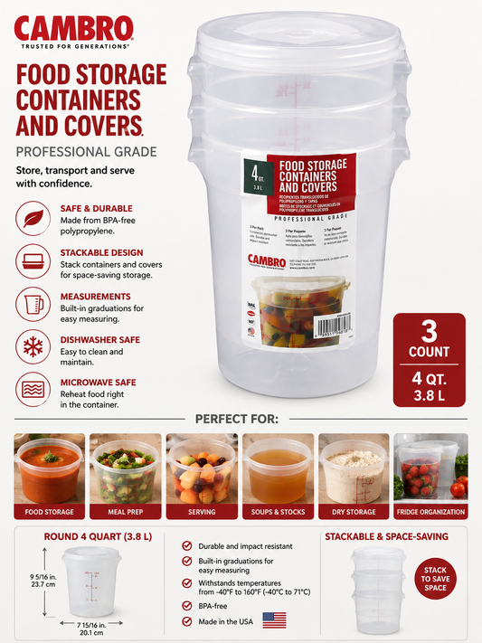 Cambro Round 4 Quart Food Storage Container with Lid, 3-Count