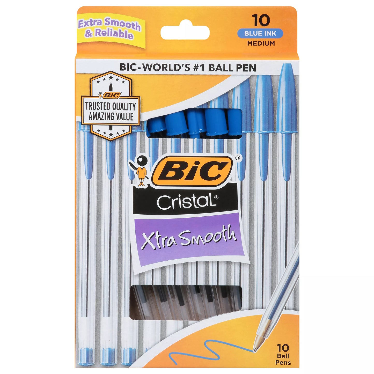BIC Cristal Ball Pens, Xtra Smooth, Blue Ink, Medium 10 each