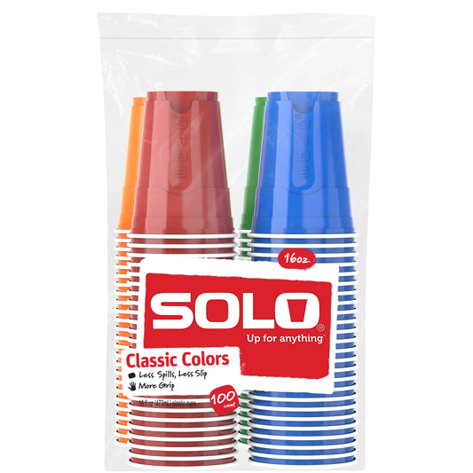 Solo 16 oz Plastic Cup - Red/Green/Orange/Blue 100 ct.