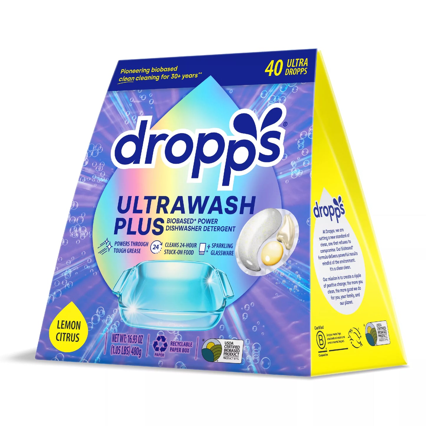 Dropps Biobased Power Dishwasher Detergent Pods - Lemon Citrus 40 ct.