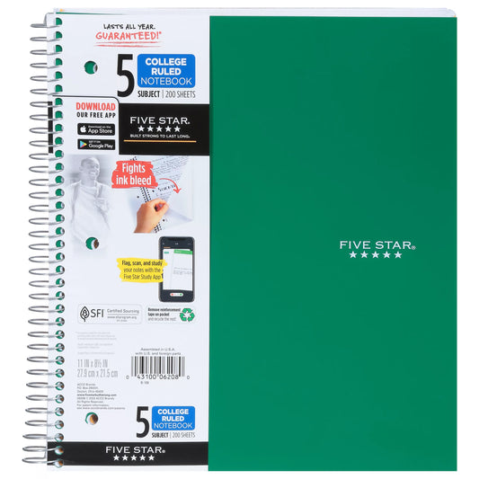 Five Star Notebook, 5 Subject, College Ruled, 200 Sheets 200 ct.