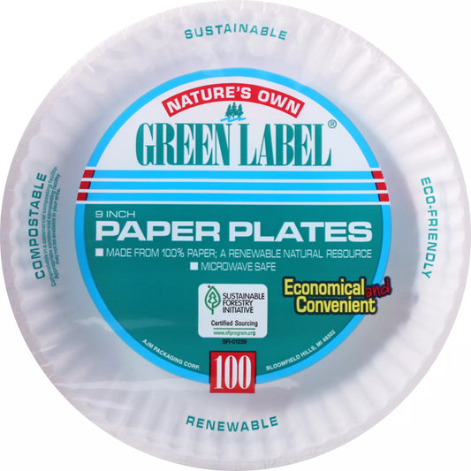 Natures Own Green Label Paper Plates, 9 Inch 100 ct.