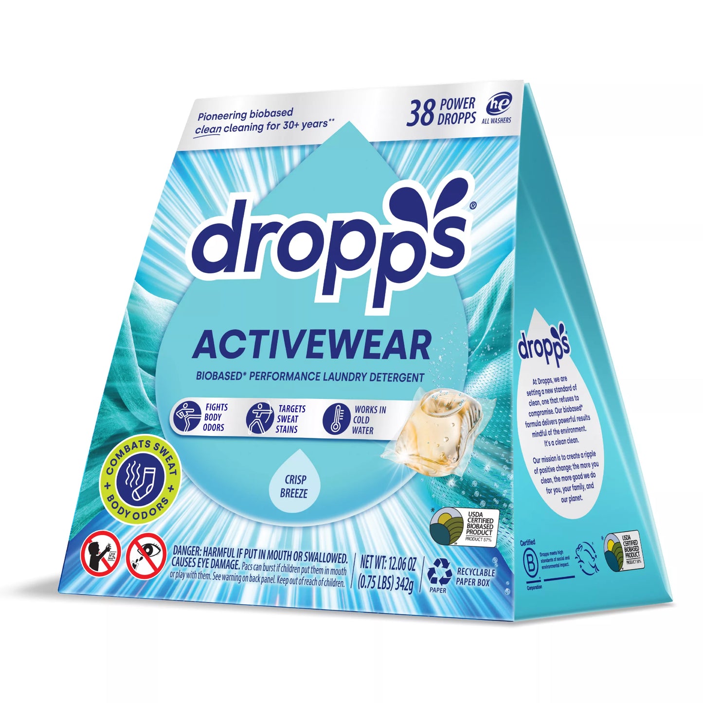Dropps Activewear Biobased Power Laundry Sport Detergent Pods - Crisp Breeze Scent 38 ct.
