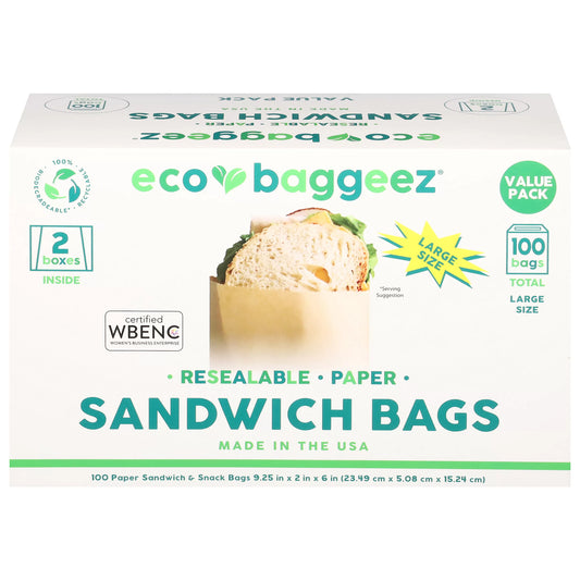 Eco-Baggeez Sandwich Bags, Paper, Resealable, Large Size, Value Pack 100 ct.