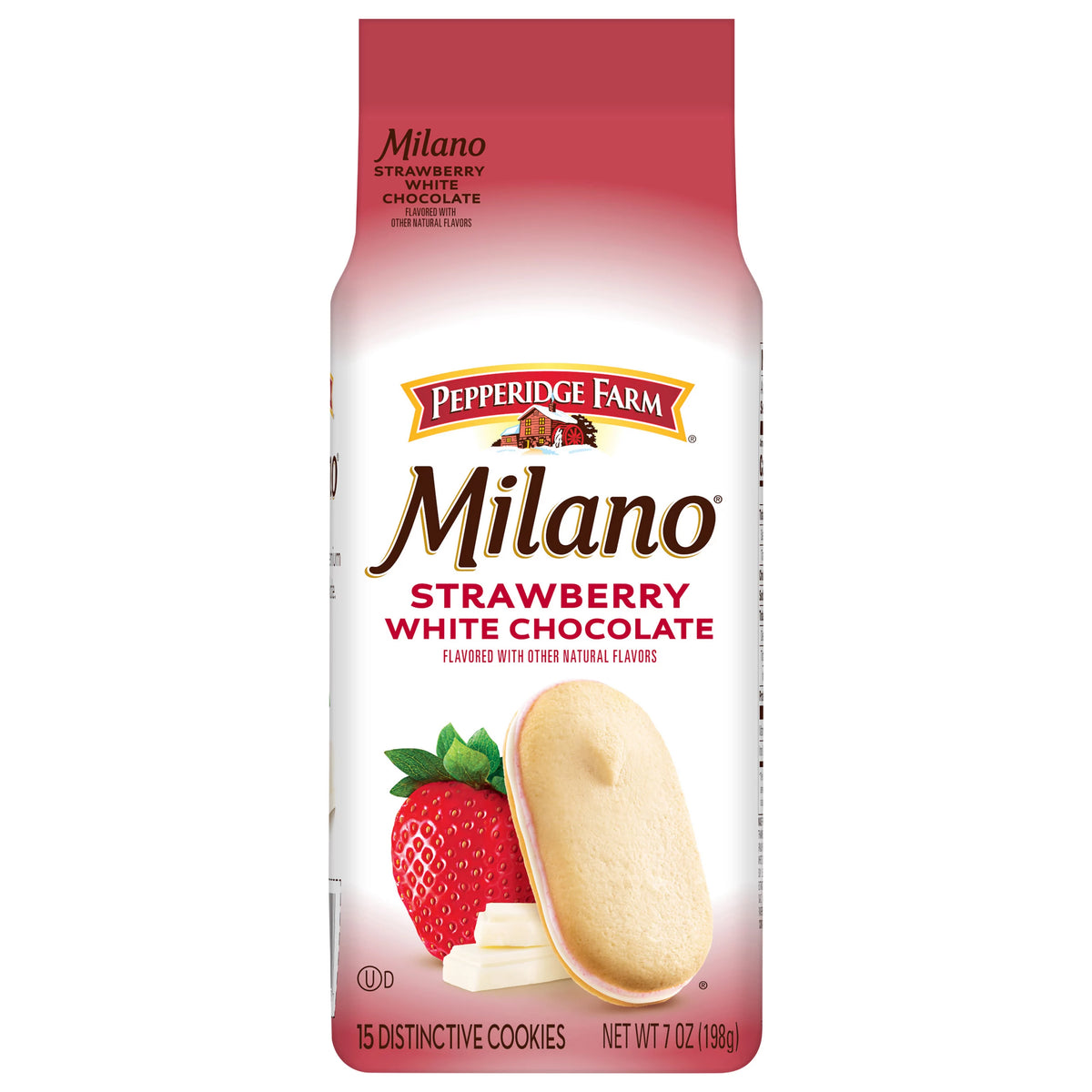 Pepperidge Farm Milano White Chocolate Strawberry Cookies, 7 oz. package from Pepperidge Farm.