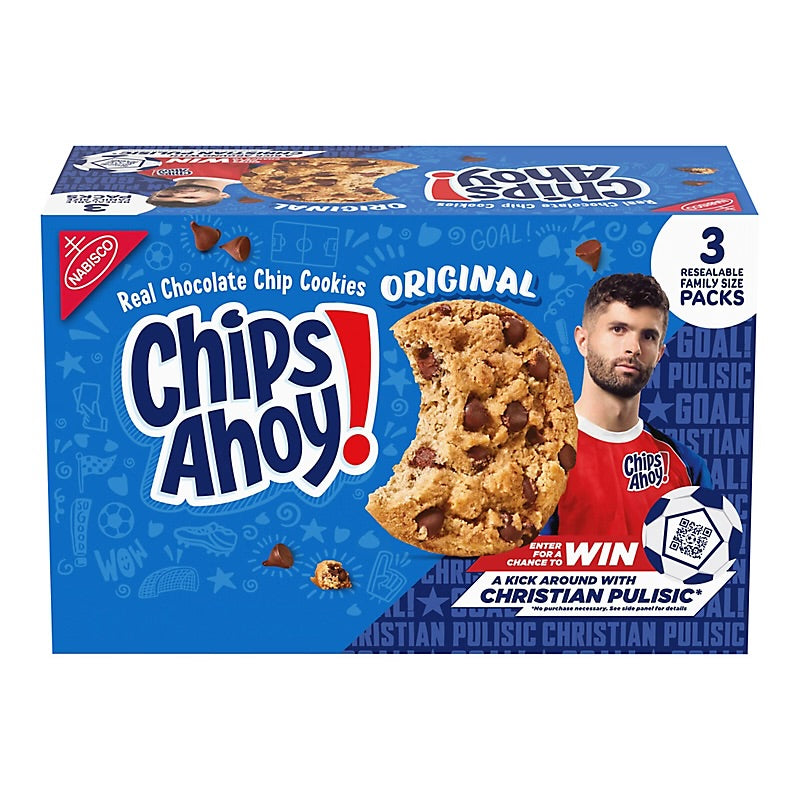 Box of Chips Ahoy! cookies with a promotional image of a man and a soccer ball on a blue background