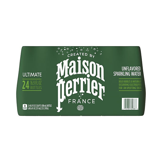 Packaging of Maison Perrier unflavored sparkling water on a white background