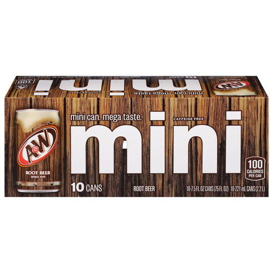 A&W Root Beer, Caffeine Free, Mini 10 x 7.5 fl. oz. bulk pack available from Crabtree Supply. Fast local delivery and nationwide shipping.
