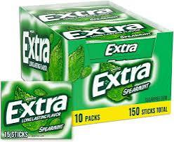 Extra Gum Spearmint Sugar-Free Chewing Gum, 15 Sticks Per Pack, 10 pk. product packaging