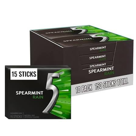 5 Gum Spearmint Rain Sugarfree Gum, 15 Sticks Per Pack, 10 pk. product packaging