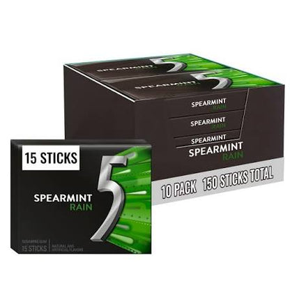 5 Gum Spearmint Rain Sugarfree Gum, 15 Sticks Per Pack, 10 pk. product packaging