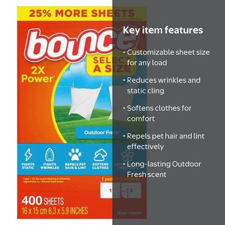 Bounce Select-A-Size Dryer Sheets, Outdoor Fresh, 400 ct.