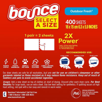Bounce Select-A-Size Dryer Sheets, Outdoor Fresh, 400 ct.